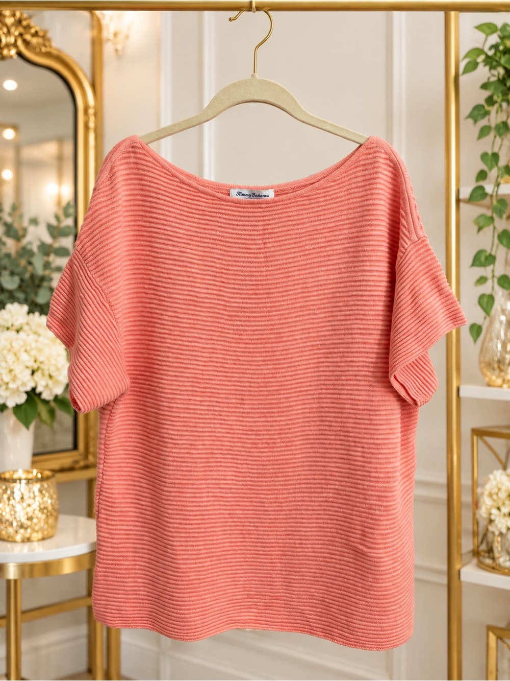 Tommy Bahama Bonita Rib Sequin Short Sleeve Sweater Coral Pink M